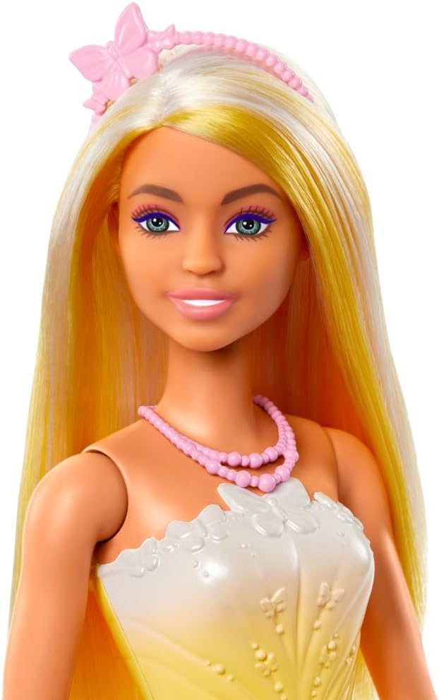 Barbie Royal Doll Brightly Highlighted Fantasy Hair, Colorful Accessories, Yellow Ombre Bodice & Butterfly-Print Skirt
