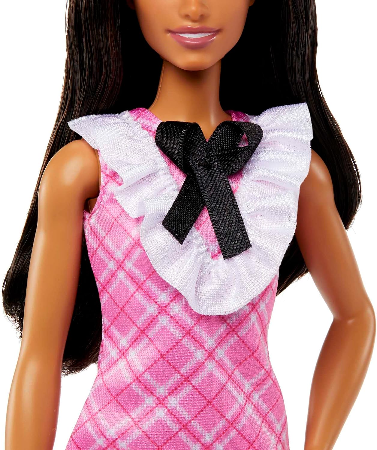 *Barbie Fashionistas Doll #209 with Black Hair, Pink Plaid Dress, Pearlescent Headband & Strappy Heels