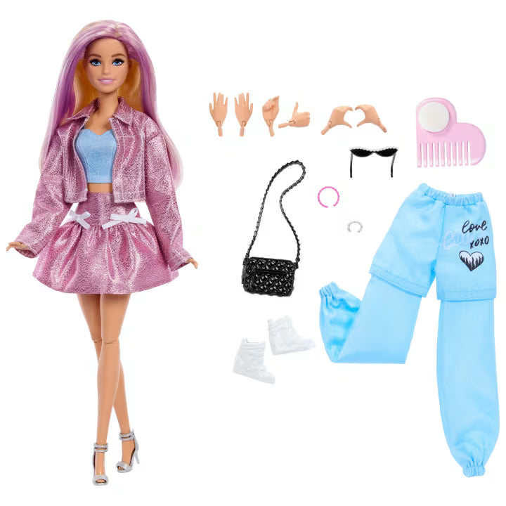 Barbie Deluxe Style Fashion Doll w Blue and Pink Outfits and Accessories