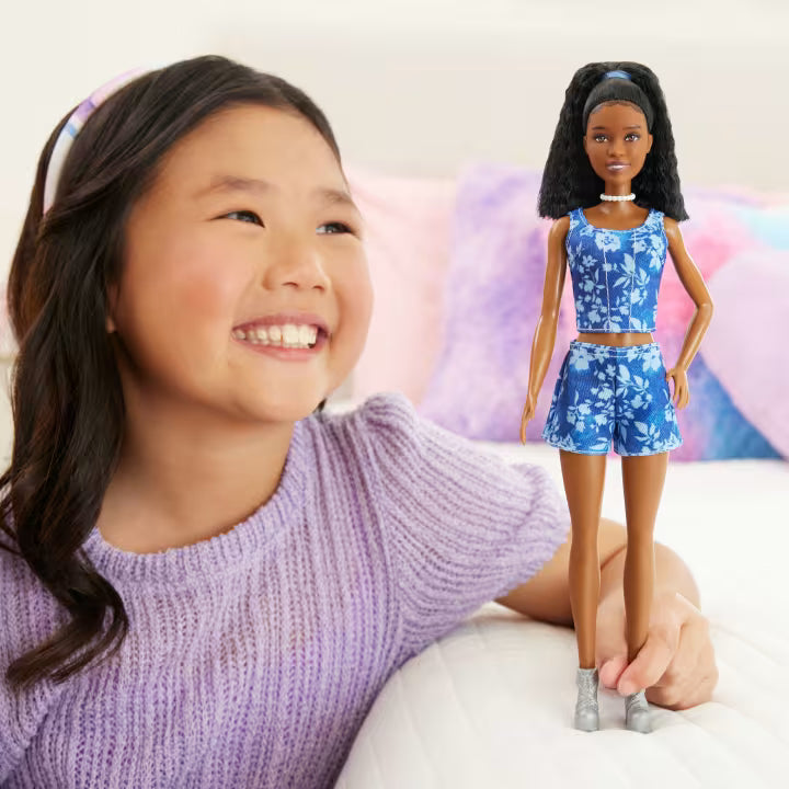 Barbie Fashionista #248 with Black Hair, Blue Denim Floral Tank/Shorts Set