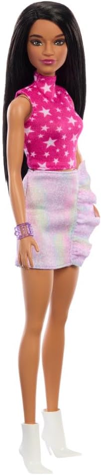 Barbie Fashionistas Doll #215 with Black Straight Hair, Pink Star-Print Top & Iridescent Skirt