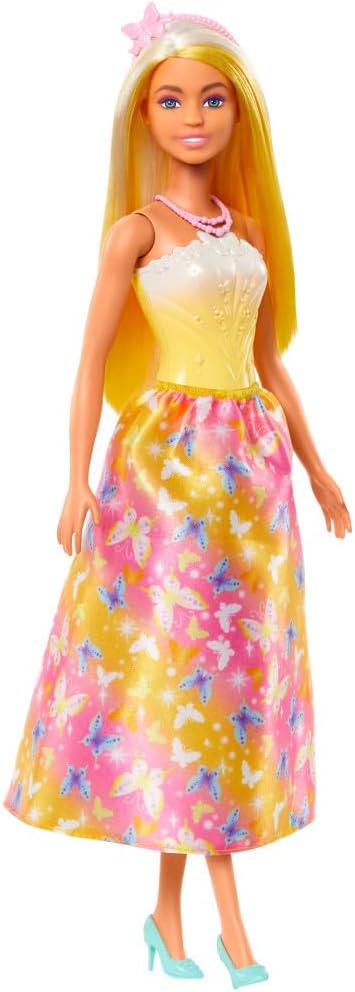 Barbie Royal Doll Brightly Highlighted Fantasy Hair, Colorful Accessories, Yellow Ombre Bodice & Butterfly-Print Skirt