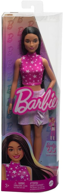 Barbie Fashionistas Doll #215 with Black Straight Hair, Pink Star-Print Top & Iridescent Skirt