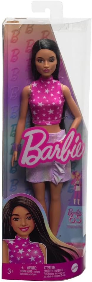 Barbie Fashionistas Doll #215 with Black Straight Hair, Pink Star-Print Top & Iridescent Skirt