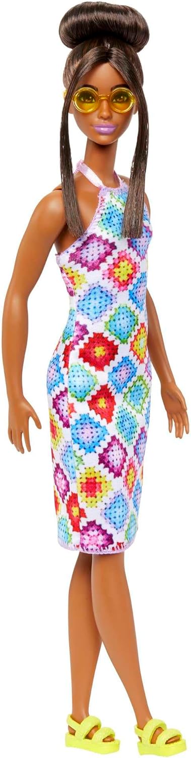 *Barbie Fashionistas Doll #210 with Brunette Hair in Bun, Colorful Crochet Halter Dress, Sunglasses & Sandals