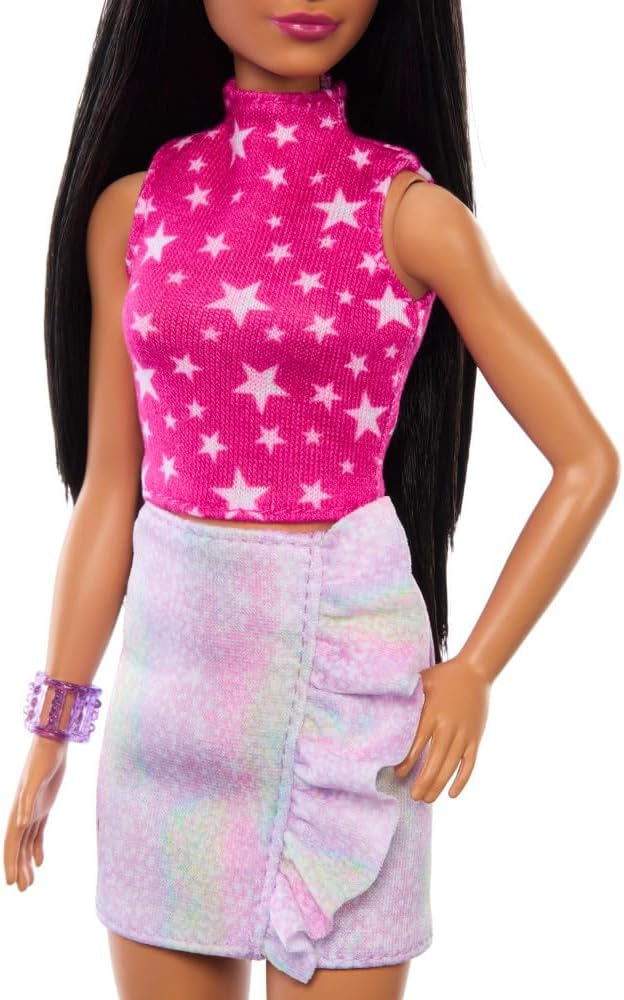 Barbie Fashionistas Doll #215 with Black Straight Hair, Pink Star-Print Top & Iridescent Skirt