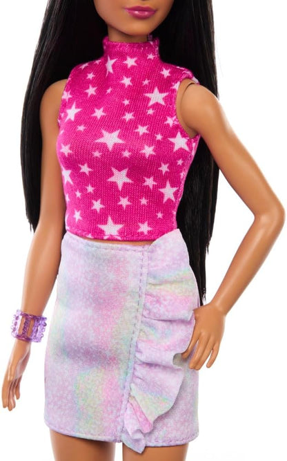 Barbie Fashionistas Doll #215 with Black Straight Hair, Pink Star-Print Top & Iridescent Skirt