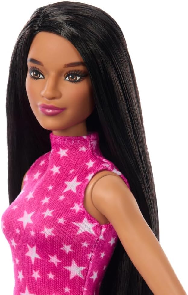 Barbie Fashionistas Doll #215 with Black Straight Hair, Pink Star-Print Top & Iridescent Skirt