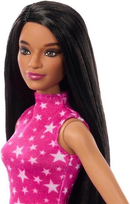 Barbie Fashionistas Doll #215 with Black Straight Hair, Pink Star-Print Top & Iridescent Skirt