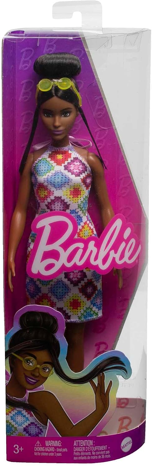 *Barbie Fashionistas Doll #210 with Brunette Hair in Bun, Colorful Crochet Halter Dress, Sunglasses & Sandals