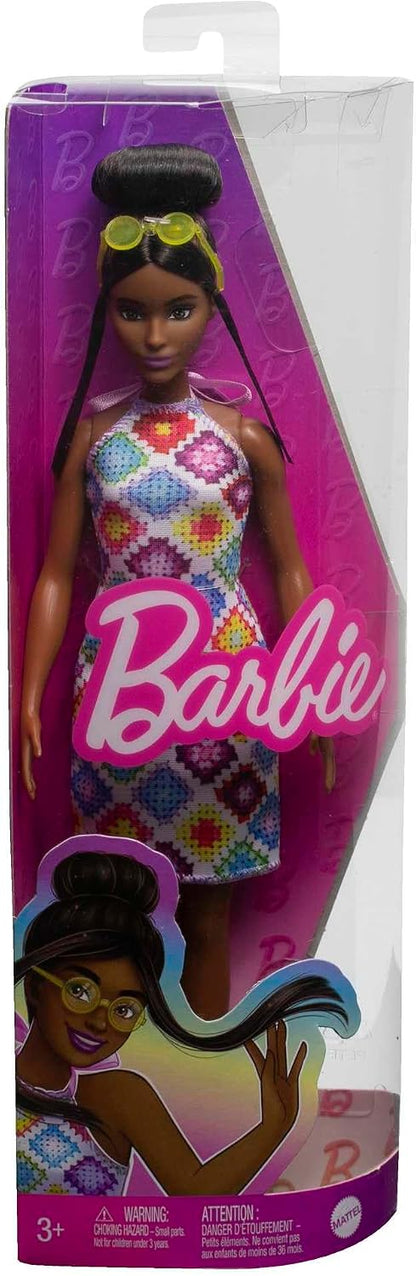 *Barbie Fashionistas Doll #210 with Brunette Hair in Bun, Colorful Crochet Halter Dress, Sunglasses & Sandals