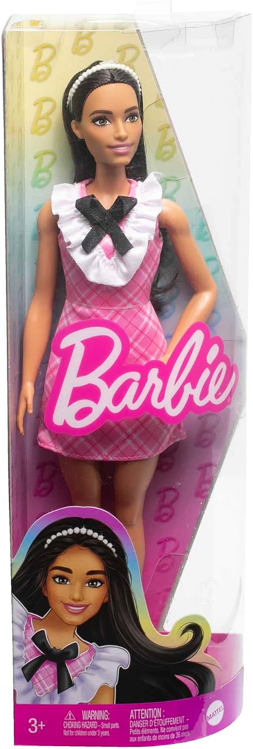 *Barbie Fashionistas Doll #209 with Black Hair, Pink Plaid Dress, Pearlescent Headband & Strappy Heels