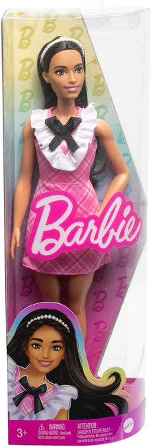 *Barbie Fashionistas Doll #209 with Black Hair, Pink Plaid Dress, Pearlescent Headband & Strappy Heels