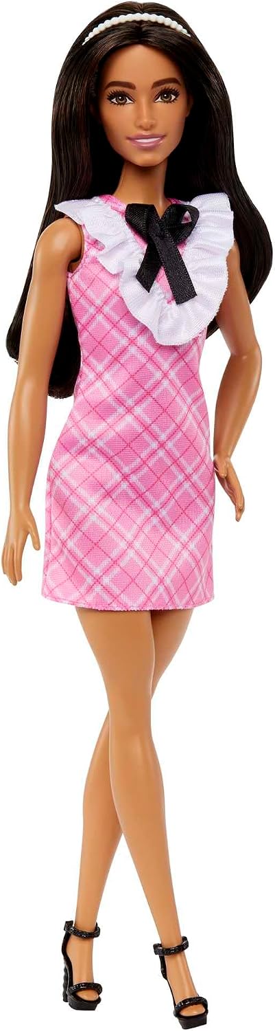 *Barbie Fashionistas Doll #209 with Black Hair, Pink Plaid Dress, Pearlescent Headband & Strappy Heels