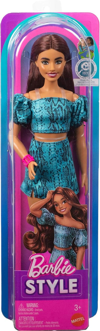 Barbie Fashionista - #250 with Brown Hair, Teal Animal Print Dress