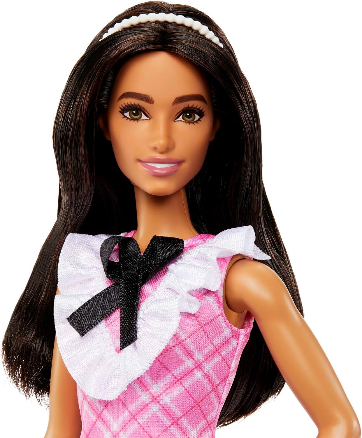 *Barbie Fashionistas Doll #209 with Black Hair, Pink Plaid Dress, Pearlescent Headband & Strappy Heels