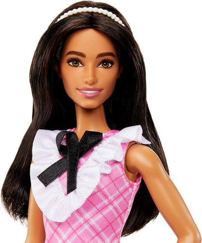 *Barbie Fashionistas Doll #209 with Black Hair, Pink Plaid Dress, Pearlescent Headband & Strappy Heels