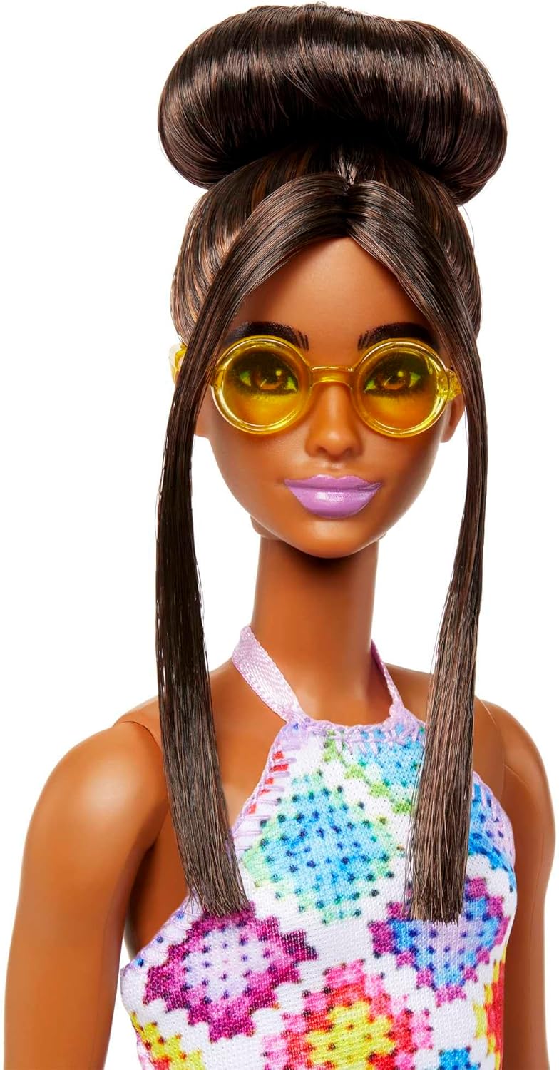 *Barbie Fashionistas Doll #210 with Brunette Hair in Bun, Colorful Crochet Halter Dress, Sunglasses & Sandals