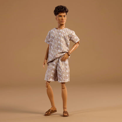Barbie Basics Collectible Ken Doll Model 10 With Brunette Hair In Shirt Shorts With Matching Print