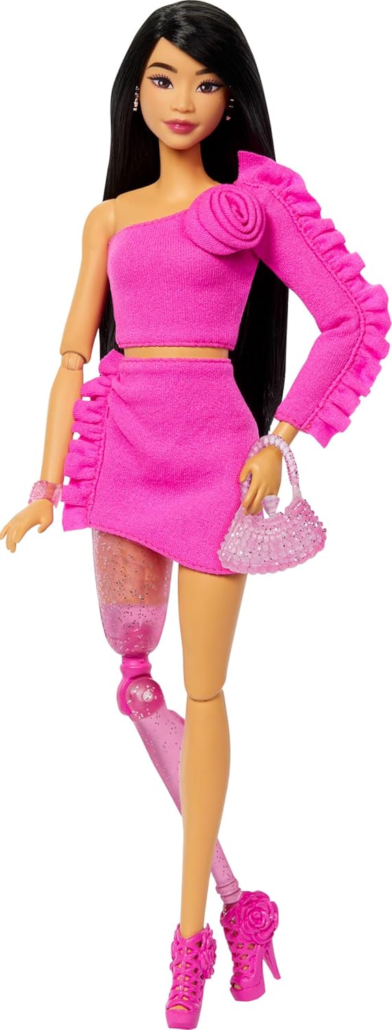 Barbie Deluxe Style #2 Pink Barbiecore Outfit, Black Hair, Pink Sparkly Prosthetic Leg