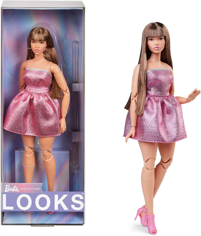 Barbie Signature Looks Doll #24 Shimmery Pink Strapless Dress, Brown Hair