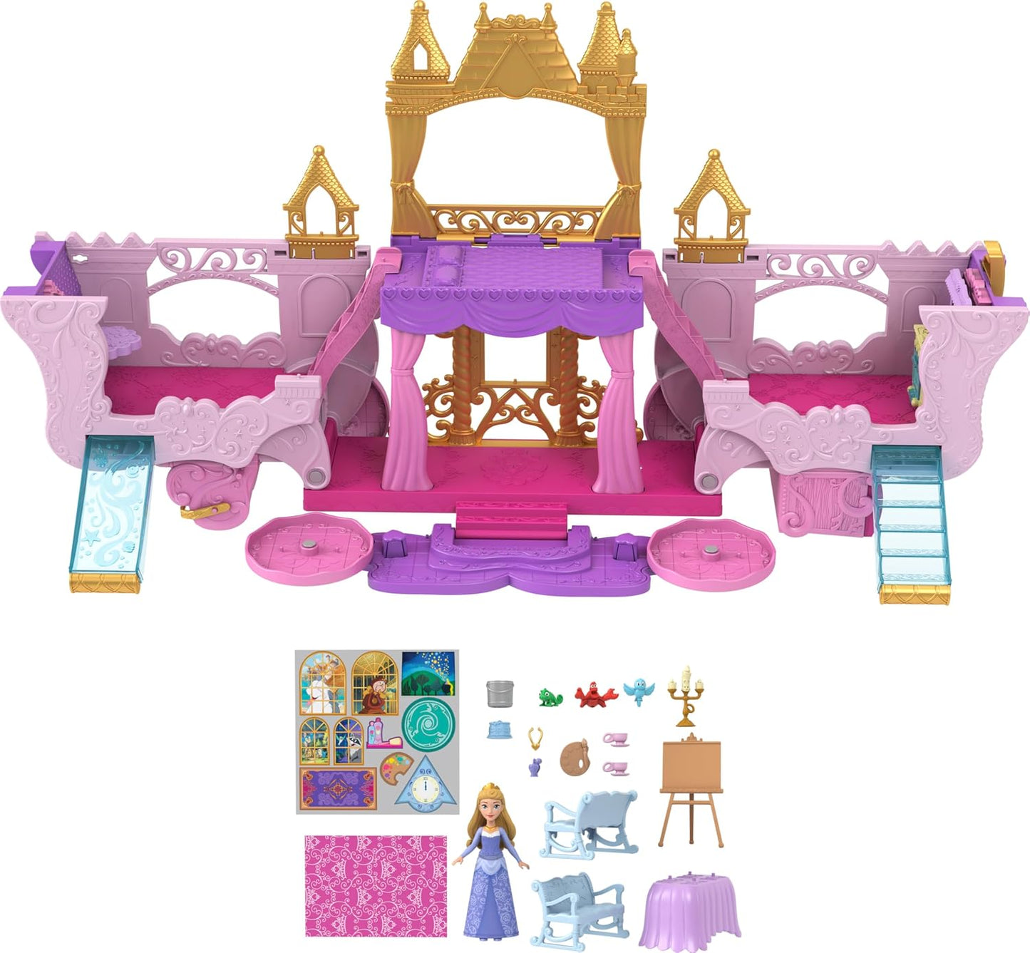 Disney Princess Carriage To Castle Transforming Playset With Aurora Small Doll, 4 Figures & 3 Levels 2