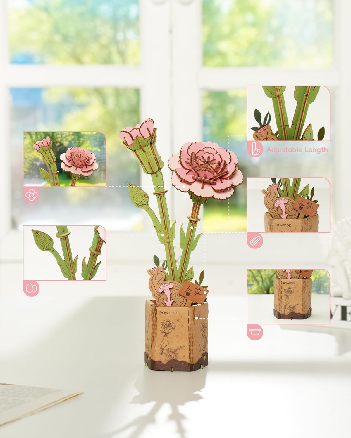 3D Wooden Flower Puzzle: Pink Carnation