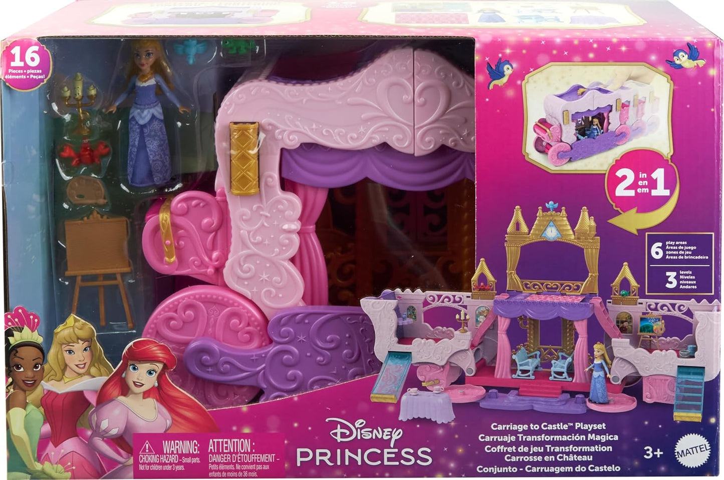 Disney Princess Carriage To Castle Transforming Playset With Aurora Small Doll, 4 Figures & 3 Levels 2