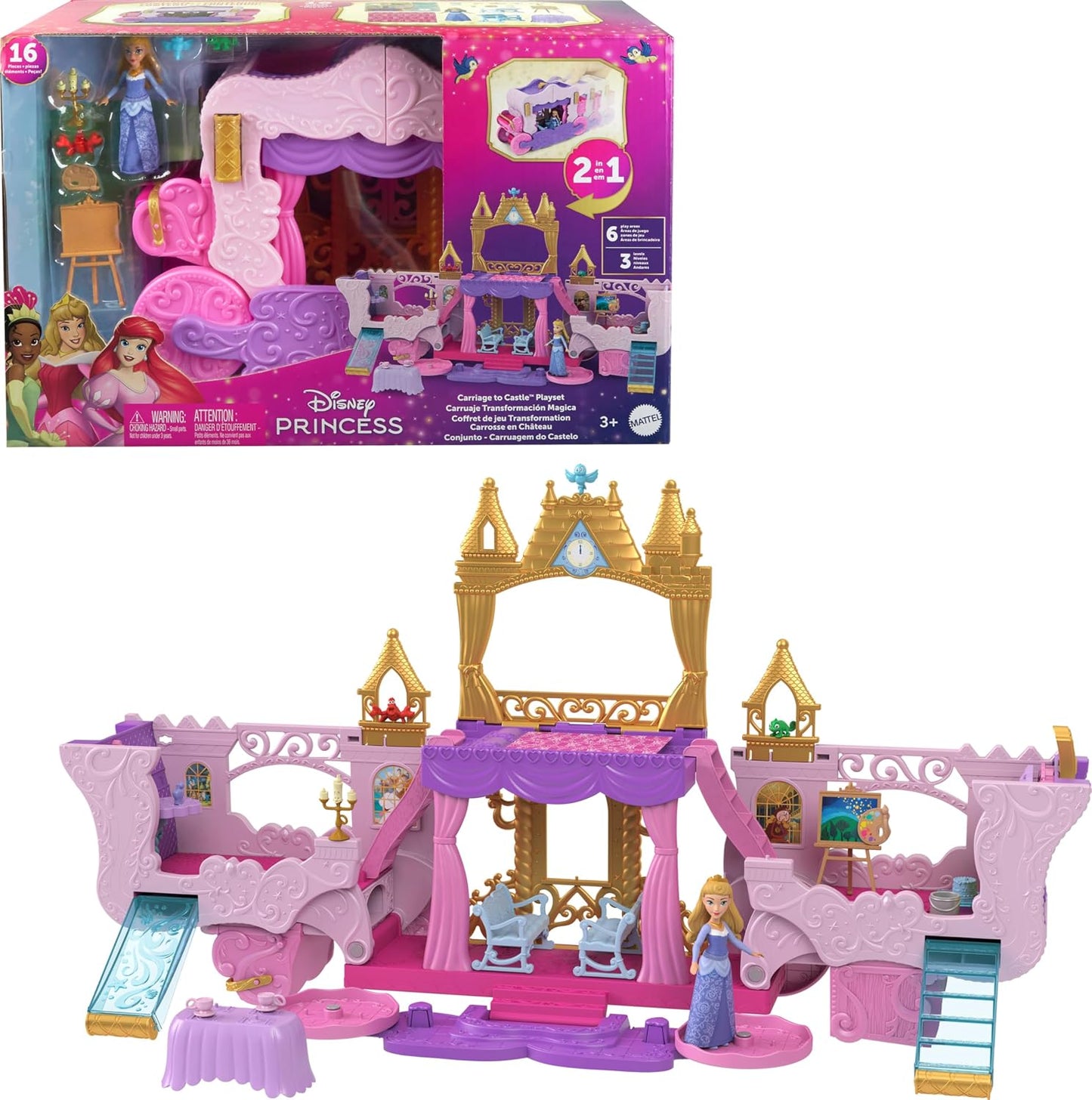 Disney Princess Carriage To Castle Transforming Playset With Aurora Small Doll, 4 Figures & 3 Levels 2