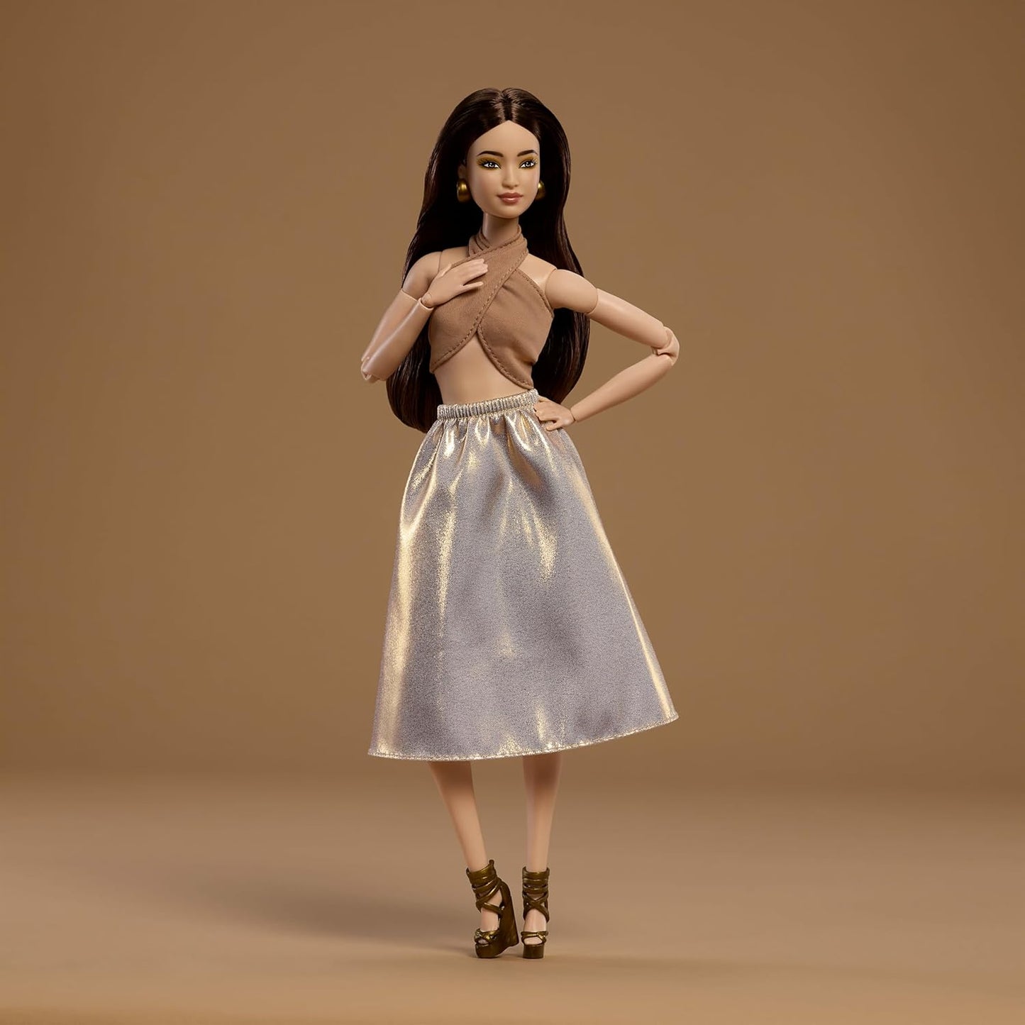 Barbie Basics Collector Fashion Doll 06 With Brunette Hair, Shimmery Golden Skirt & Halter, Universal-Fit Fashions, Posable Body 06