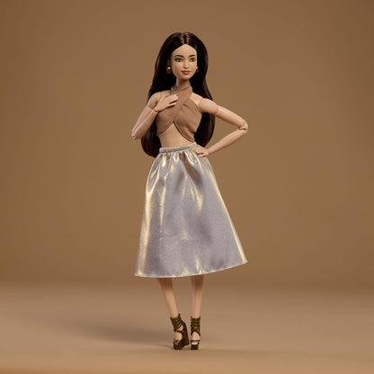 Barbie Basics Collector Fashion Doll 06 With Brunette Hair, Shimmery Golden Skirt & Halter, Universal-Fit Fashions, Posable Body 06