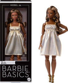 Barbie Basics Collectible Doll Model 09 With Brunette Hair In Golden Dress Strappy Heels