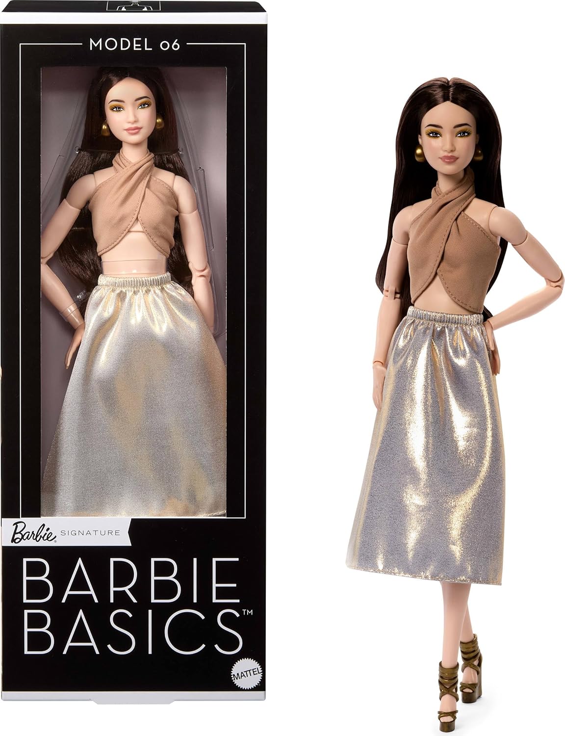 Barbie Basics Collector Fashion Doll 06 With Brunette Hair, Shimmery Golden Skirt & Halter, Universal-Fit Fashions, Posable Body 06