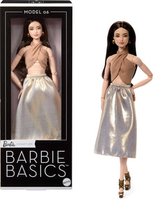 Barbie Basics Collector Fashion Doll 06 With Brunette Hair, Shimmery Golden Skirt & Halter, Universal-Fit Fashions, Posable Body 06