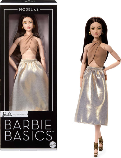 Barbie Basics Collector Fashion Doll 06 With Brunette Hair, Shimmery Golden Skirt & Halter, Universal-Fit Fashions, Posable Body 06