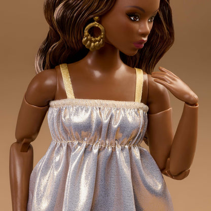 Barbie Basics Collectible Doll Model 09 With Brunette Hair In Golden Dress Strappy Heels