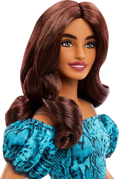 Barbie Fashionista - #250 with Brown Hair, Teal Animal Print Dress