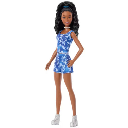 Barbie Fashionista #248 with Black Hair, Blue Denim Floral Tank/Shorts Set