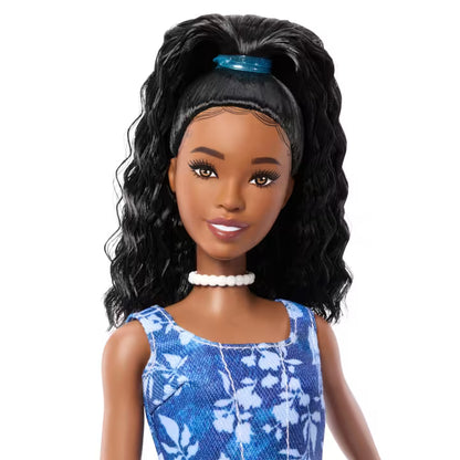 Barbie Fashionista #248 with Black Hair, Blue Denim Floral Tank/Shorts Set